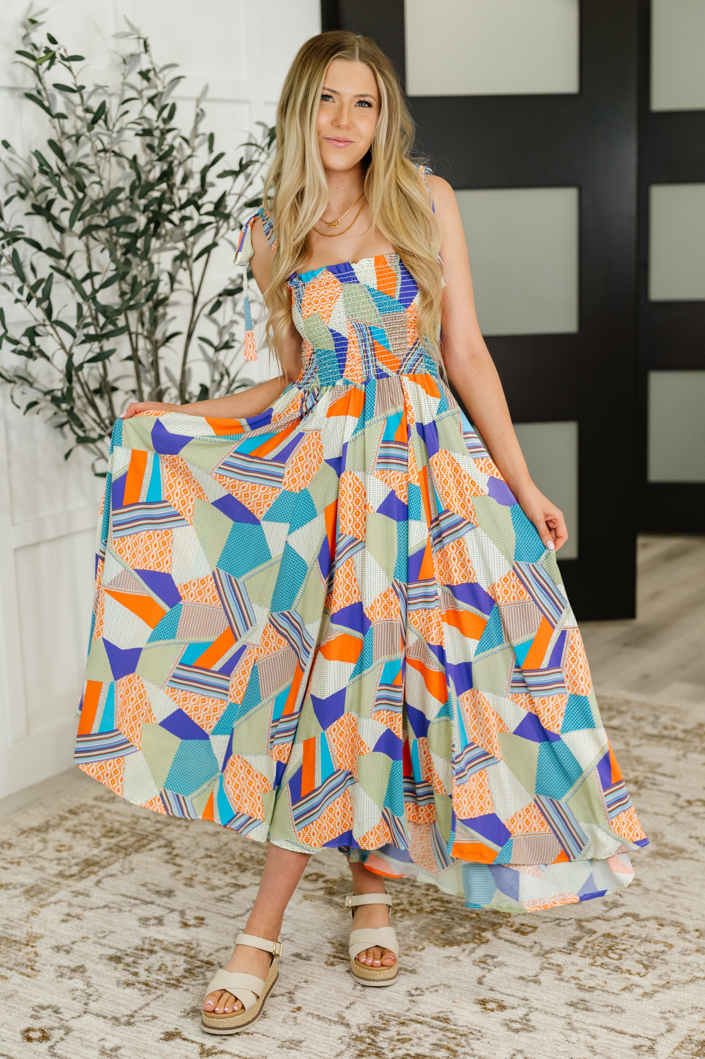 Paint Me Pretty Square Neck Dress in Lime, Blue and Tangerine