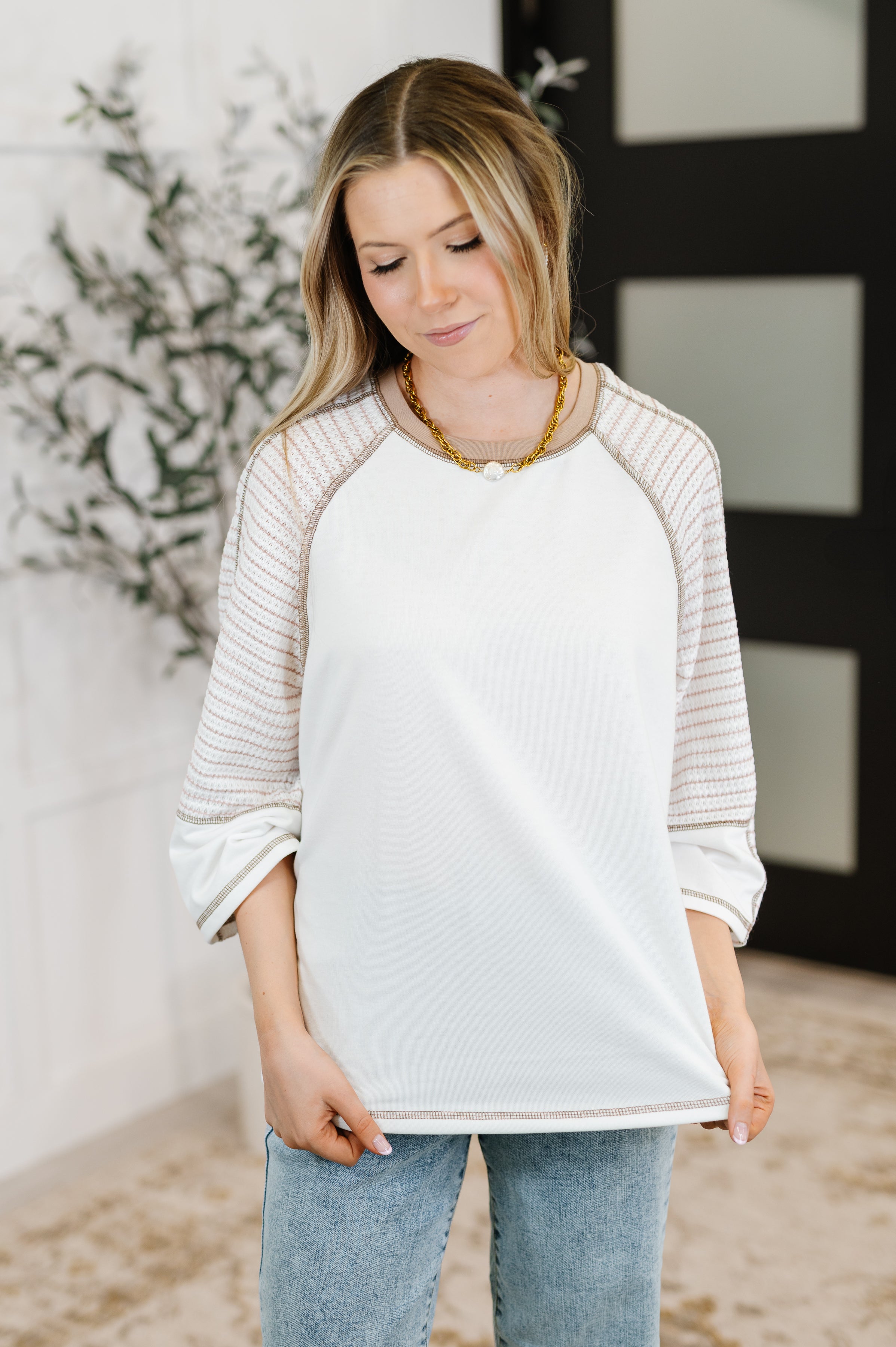 Preoccupied Striped Sleeve Top in Tan